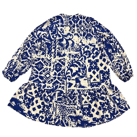 Zara Long Sleeve Boho Tiered Mini Dress, Cobalt Blue Print, S - Picture 5 of 6